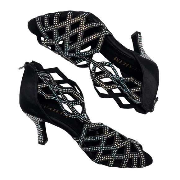 Wuailim Dance Heels Ballroom Salsa Sparkly Rhinestone Cutouts Black Size: 8.5 - Picture 4 of 7